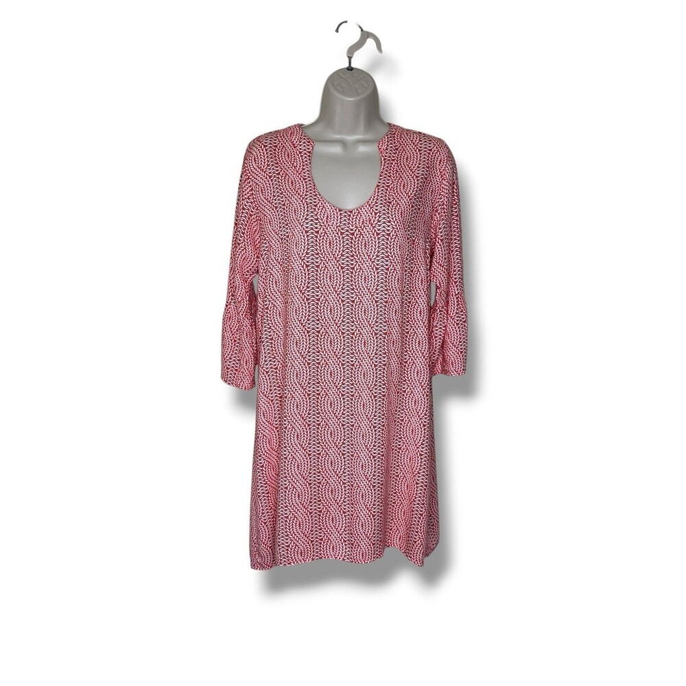 Escapada Orange White Geometric Shift Dress 3/4 Sleeve Scoop Neck Women Medium